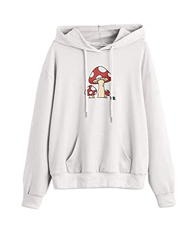 Meladyan Women Mushroom Graphic Print Hoodie Pullover Drop Shoulder Thin Terry Loose Fit Hooded Sweatshirt Jumper Shirt White