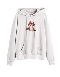 Meladyan Women Mushroom Graphic Print Hoodie Pullover Drop Shoulder Thin Terry Loose Fit Hooded Sweatshirt Jumper Shirt White