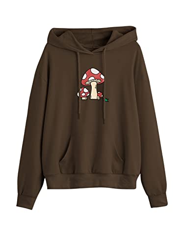 Meladyan Women Mushroom Graphic Print Hoodie Pullover Drop Shoulder Thin Terry Loose Fit Hooded Sweatshirt Jumper Shirt (Small, Coffee Brown)