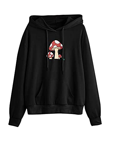 Meladyan Women Mushroom Graphic Print Hoodie Pullover Drop Shoulder Thin Terry Loose Fit Hooded Sweatshirt Jumper Shirt Black