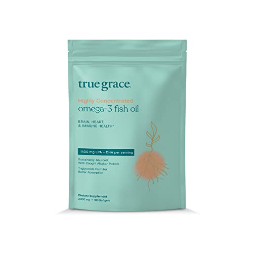 True Grace Omega-3 Fish Oil 2000mg Triglyceride Form Highly Concentrated EPA+DHA Brain, Heart, Joint & Immune Health Support Supplement-Wild-Caught,Molecularly Distilled,Purified,Non-GMO-180 Softgels