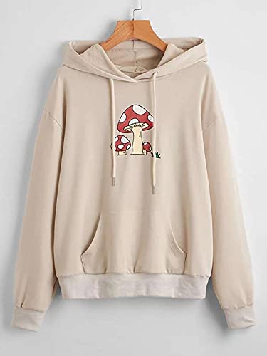 Meladyan Women Mushroom Graphic Print Hoodie Pullover Drop Shoulder Thin Terry Loose Fit Hooded Sweatshirt Jumper Shirt Apricot