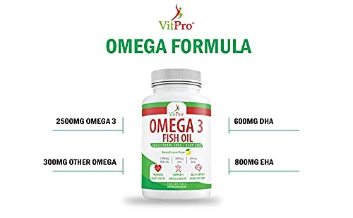 Triple Strength Omega 3 Fish Oil - 2500mg with EPA and DHA, Cholesterol Free, Burp-Less, Joint Support, Promotes Brain & Heart Health, Non-GMO, Natural Lemon Flavor - 180 Softgels | VitPro