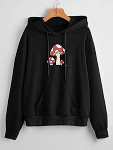 Meladyan Women Mushroom Graphic Print Hoodie Pullover Drop Shoulder Thin Terry Loose Fit Hooded Sweatshirt Jumper Shirt Black