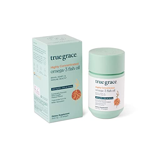 True Grace Omega-3 Fish Oil 2000mg Triglyceride Form Highly Concentrated EPA+DHA Brain, Heart, Joint & Immune Health Support Supplement-Wild-Caught, Molecularly Distilled,Purified,Non-GMO-60 Softgels