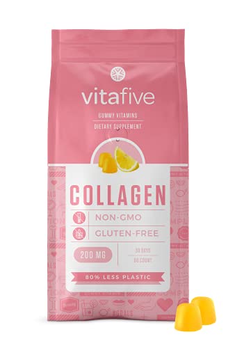 Vitafive Collagen Gummies for Women : Non-GMO & Gluten Free Hair Skin and Nails Gummies Made with Hydrolyzed Collagen, Biotin, Vitamin C, Vitamin E, & Zinc - Natural Lemon Flavor, 200mg (1-Pack)