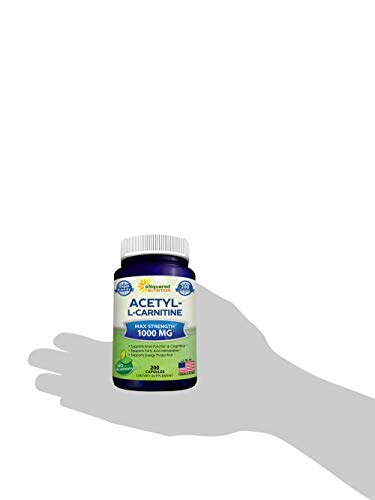 Acetyl L-Carnitine 1000mg Max Strength - 200 Veggie Capsules - High Dosage Acetyl L Carnitine HCL (ALCAR) Supplement Pills to Support Pure Energy, Brain Function & Fatty Acid