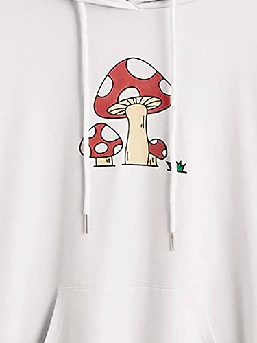 Meladyan Women Mushroom Graphic Print Hoodie Pullover Drop Shoulder Thin Terry Loose Fit Hooded Sweatshirt Jumper Shirt White