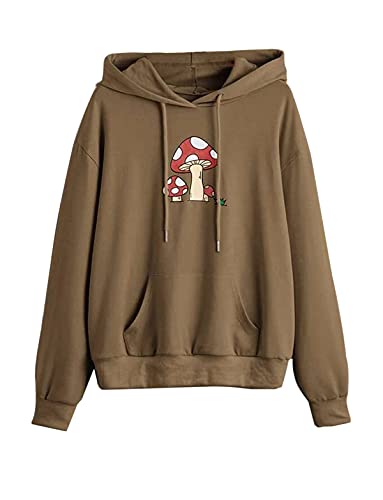 Meladyan Women Mushroom Graphic Print Hoodie Pullover Drop Shoulder Thin Terry Loose Fit Hooded Sweatshirt Jumper Shirt Mocha Brown