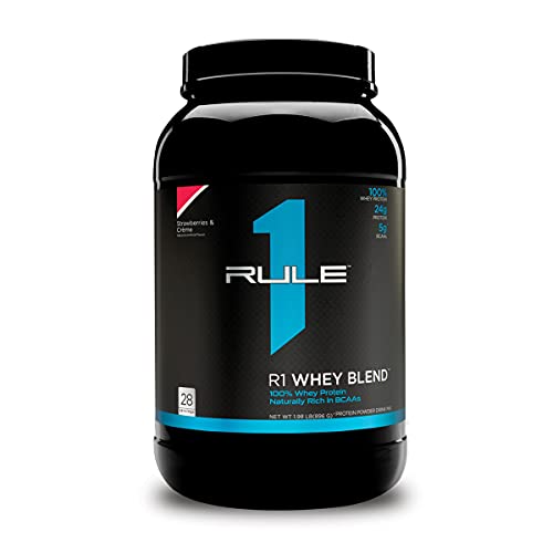 Rule One Proteins, R1 Whey Blend -Strawberries & Crème, 24g Fast-Acting Whey Protein Concentrates, Isolates, & Hydrolysates Per Serving, with Naturally Occurring EAAs & BCAAs, 2 Pounds, 28 Servings