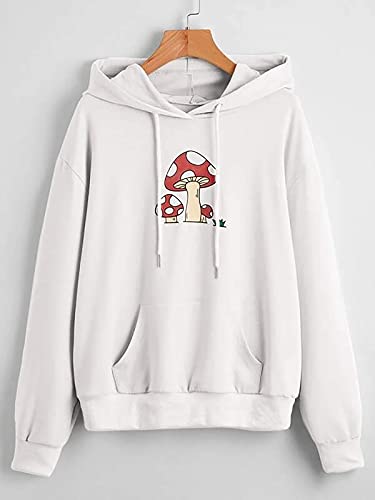 Meladyan Women Mushroom Graphic Print Hoodie Pullover Drop Shoulder Thin Terry Loose Fit Hooded Sweatshirt Jumper Shirt White