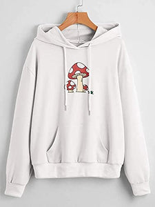 Meladyan Women Mushroom Graphic Print Hoodie Pullover Drop Shoulder Thin Terry Loose Fit Hooded Sweatshirt Jumper Shirt White