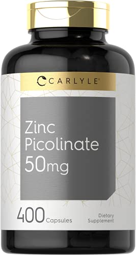 Zinc Picolinate 50mg | 400 Capsules | Value Size | Non-GMO and Gluten Free Supplement | by Carlyle