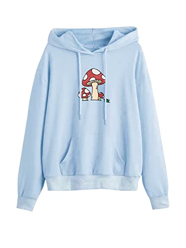 Meladyan Women Mushroom Graphic Print Hoodie Pullover Drop Shoulder Thin Terry Loose Fit Hooded Sweatshirt Jumper Shirt (Small, Sky Blue)