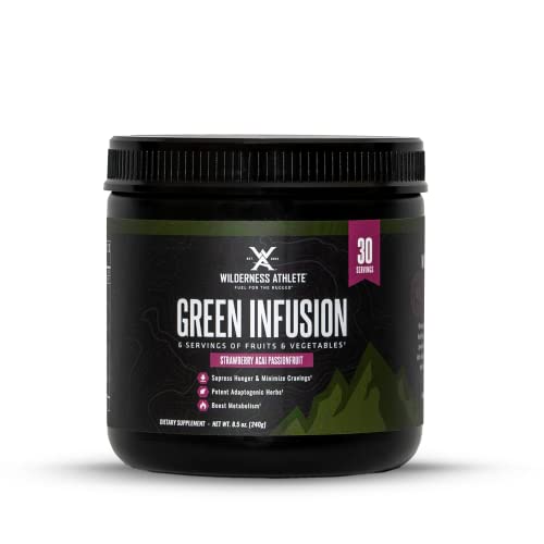 Wilderness Athlete Green Infusion, Supergreen Superfood Power Greens Powder, Wheatgrass Powder with Astragalus Root, Green Tea Extract, & Chlorella, (Strawberry Acaí Passionfruit), 7.4 Oz