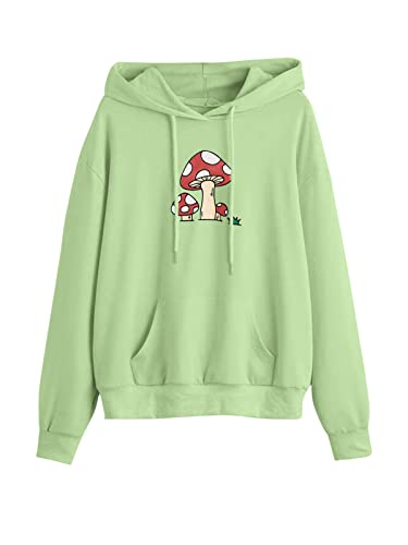 Meladyan Women Mushroom Graphic Print Hoodie Pullover Drop Shoulder Thin Terry Loose Fit Hooded Sweatshirt Jumper Shirt (Small, Pea Green)