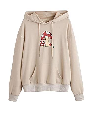 Meladyan Women Mushroom Graphic Print Hoodie Pullover Drop Shoulder Thin Terry Loose Fit Hooded Sweatshirt Jumper Shirt Apricot