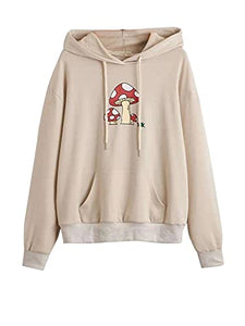 Meladyan Women Mushroom Graphic Print Hoodie Pullover Drop Shoulder Thin Terry Loose Fit Hooded Sweatshirt Jumper Shirt Apricot