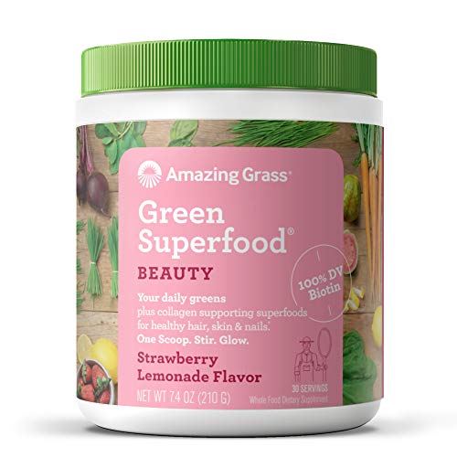 Amazing Grass Green Superfood Beauty: Greens Powder with Biotin & Collagen Supporting Superfoods, Strawberry Lemonade, 30 Servings