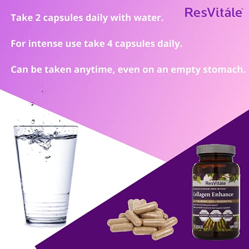 ResVitale Collagen Enhance Anti Aging Skin Care Collagen Supplement - Hydrolyzed Collagen Peptides with Hyaluronic Acid and Resveratrol - Skin Food & Joint Support Collagen Capsules, 1000mg, 120 Caps