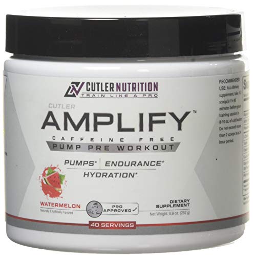 Amplify Caffeine Free Pre Workout for Men and Women: Stim Free Muscle Pump Enhancer, Hydration Powder with Electrolytes, L Citrulline, Creatine HCl for High Volume Training | Watermelon, 40 Servings