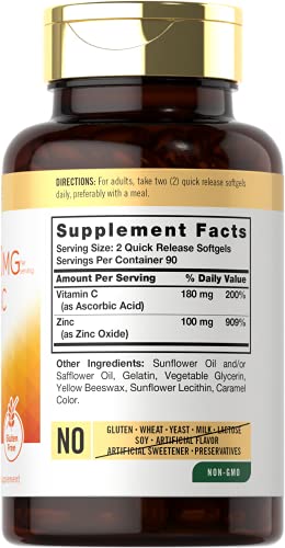 Zinc 100mg with Vitamin C | 180 Softgels | Non-GMO, Gluten Free Supplement | by Carlyle