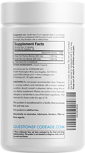 Codeage Grass Fed Beef Thymus Supplement - Freeze Dried, Non-Defatted, Desiccated Beef Thymus & Liver Pills Glandulars Meat – Pasture Raised Argentina Beef Vitamins for Thymus - Non-GMO -180 Capsules