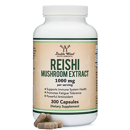 Reishi Mushroom Capsules (4:1 Ganoderma Extract, 1,000mg Reishi Powder Servings) 300 Count, 5 Month Supply, for Immune System Support and Defense by Double Wood Supplements