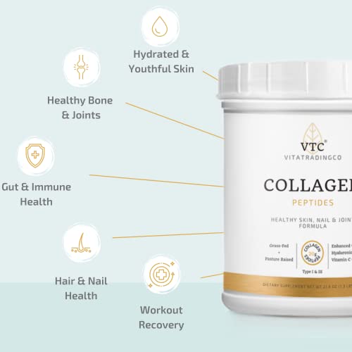 VitaTradingCo. Grass-Fed Collagen Peptides Plus Hyaluronic Acid and Vitamin C | Pasture Raised | Paleo & Keto Friendly | Gluten and Dairy Free | Non-GMO | Type I and III | Unflavored | 30 Servings