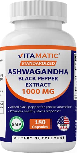 Vitamatic Ashwagandha 1000 mg Servings (Standardized Extract) with Black Pepper 180 Capsules