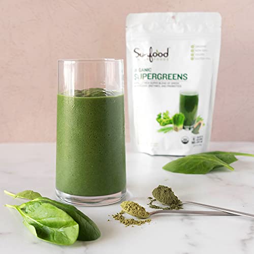 Sunfood Supergreens Powder | Organic Blend of 19 Green Superfoods, Probiotic, Enzymes, Protein & Fiber | Spirulina & Chlorella 1st Ingredients | 8 oz Bag
