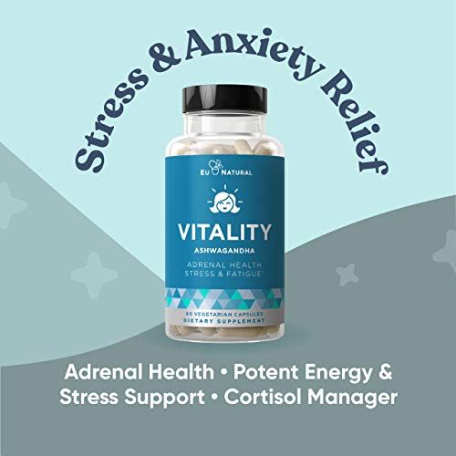 Vitality Adrenal Support, Cortisol Manager, Fatigue Fighter – Stress Relief, Healthy Cortisol, Focused Energy – Ashwagandha, Magnesium, L-Tyrosine – 60 Vegetarian Soft Capsules