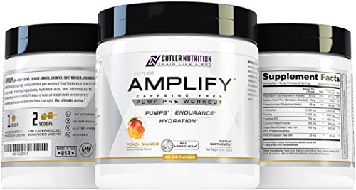 Amplify Caffeine Free Pre Workout for Men and Women: Stim Free Muscle Pump Enhancer, Hydration Powder with Electrolytes, L Citrulline, Creatine HCl for High Volume Training | Peach Mango, 40 Servings