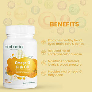 Ambrosial Omega 3 Fish Oil 1000mg | Omega 3 Fatty Acid Capsules with 180 mg EPA 120 mg DHA - 60 Softgels | Omega 3 Fish Oil Supplements for Women and Men.