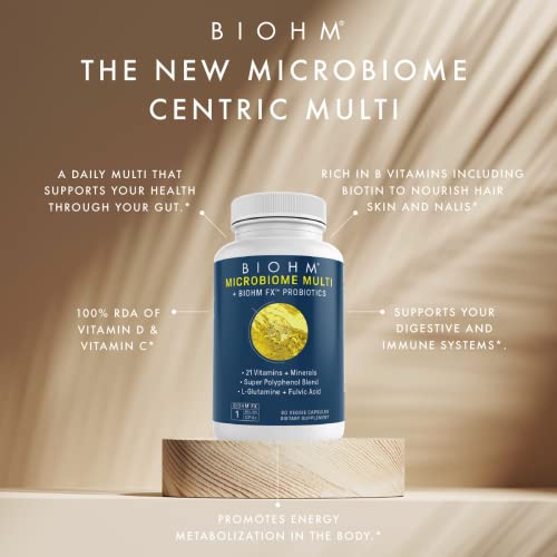 BIOHM Microbiome Multi + Probiotics - 21 Vitamins & Minerals, Green Tea, Glutamine, Antioxidants- 60ct/30 Servings for Men and Women - Non-GMO, Gluten Free, Vegetarian