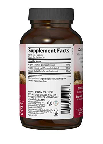 Organic India Triphala Herbal Supplement - Digestion & Colon Support, Immune System Support, Adaptogen, Nutrient Dense, Vegan, Gluten-Free, USDA Certified Organic, Non-GMO - 180 Capsules