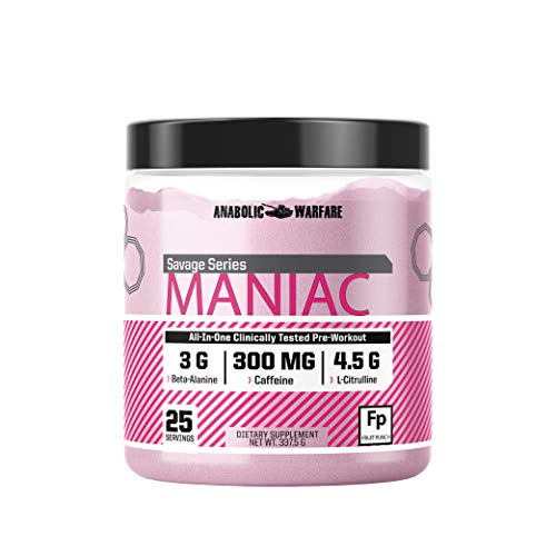 Maniac Pre Workout Powder by Anabolic Warfare – Preworkout Mix to Boost Focus & Energy with Caffeine, Beta Alanine, Lions Mane Mushroom , L Citrulline Powder and Creatine (Fruit Punch - 25 Servings