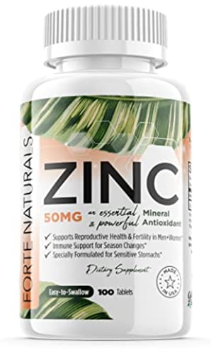 100 Zinc Supplements Specially Formulated for Sensitive Stomachs , Vitamins for Adults Daily Supplement by FORTE NATURALS Vegan 50mg, Non GMO, Easy to Swallow Zink Vitaminas