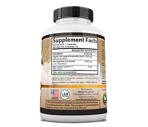 Organic Ashwagandha 2,100 mg - 100 Vegan Capsules Pure Organic Ashwagandha Powder and Root Extract - Stress Relief, Mood Enhancer, Immune & Thyroid Support