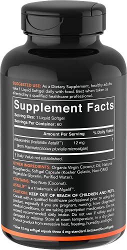 Triple Strength Astaxanthin (12mg) with Organic Coconut Oil | Non-GMO, Soy & Gluten Free - 60 Mini Softgels (2 Month Supply)