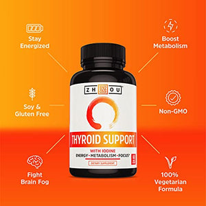 Zhou Thyroid Support Complex with Iodine | Energy, Metabolism & Focus Formula | Vegetarian, No Soy or Gluten | 30 Servings, 60 Caps