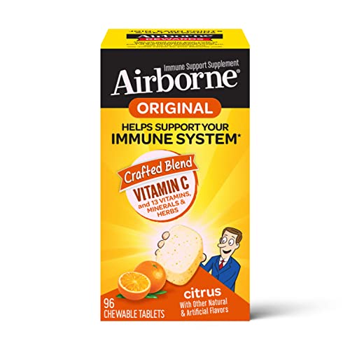 Airborne 1000mg Vitamin C Chewable Tablets with Zinc, Immune Support Supplement with Powerful Antioxidants Vitamins A C & E - (96 count bottle), Citrus Flavor, Gluten-Free