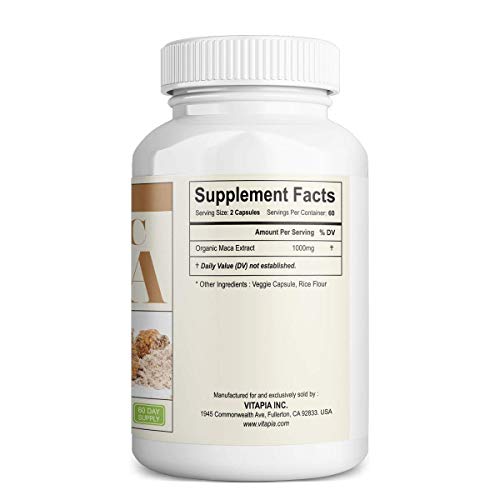 Vitapia Organic Maca Supplement 1000mg - 120 Veggie Capsules - Vegan and Non-GMO - Organic Peruvian Maca Powder - Boosts Energy, Performance, Mood Support