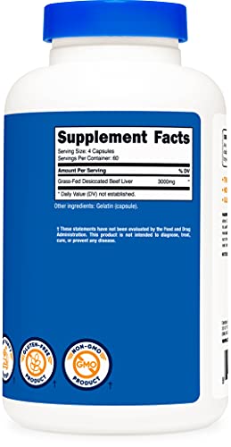 Nutricost Grass Fed Desiccated Beef Liver Capsules 240 Capsules, 3000mg (750mg Per Cap) - No Hormones, Non-GMO, Gluten Free, Pasture-Raised, Free Range Beef