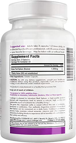 Codeage Grass Fed Beef Spleen Supplement - Freeze Dried, Non-Defatted, Desiccated Beef Spleen Bovine Pills Glandulars Meat – Pasture Raised Argentina Beef Vitamins for Spleen - Non-GMO -180 Capsules