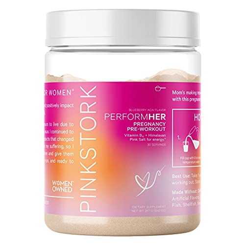 Pink Stork PerformHER: Pregnancy Pre Workout for Women, Pre Workout Powder, Vitamin B12, Electrolytes, Stimulant-Free, Prenatal Vitamins, Muscle Recovery, Women-Owned, Blueberry Acai, 30 Servings