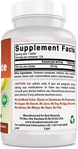 Best Naturals Zinc 30mg Supplements (as Zinc Citrate) - zinc Vitamins for Adults Immune Support - 120 Tablets