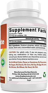 Best Naturals Zinc 30mg Supplements (as Zinc Citrate) - zinc Vitamins for Adults Immune Support - 120 Tablets