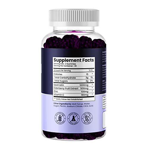 Quercetin 1000mg ZINC Gummies - 60 Delicious Gummies of Quercetin with Vitamin C and Zinc and Elderberry for Boosted Immune Support | High-Potency Zinc Quercetin Gummies | 1 Month Supply