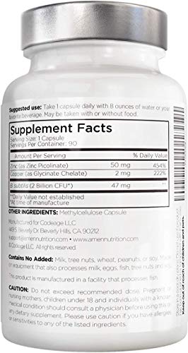 Amen Zinc & Copper Supplement + Probiotics, 3 Months Supply, One Per Day - 50 mg Zinc Picolinate Vitamin Pills - Essential Minerals Supplements – 2 Billion CFUs Probiotic – Vegan, Non-GMO, 90 Capsules